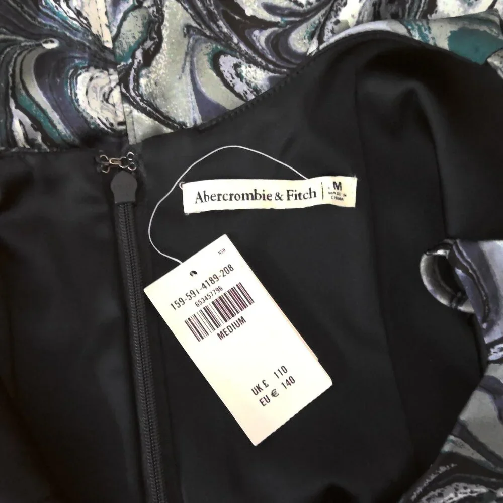 New Abercrombie & Fitch Dress Marbled Floral Blue Watercolor Midi Stretch NWT  M